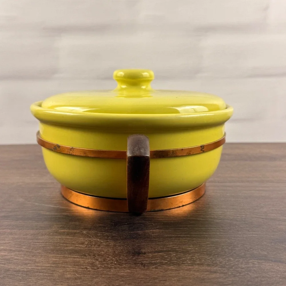 Bauer Pottery Chartreuse Casserole Lid Copper Wood Stand California